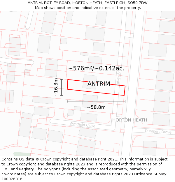 ANTRIM, BOTLEY ROAD, HORTON HEATH, EASTLEIGH, SO50 7DW: Plot and title map