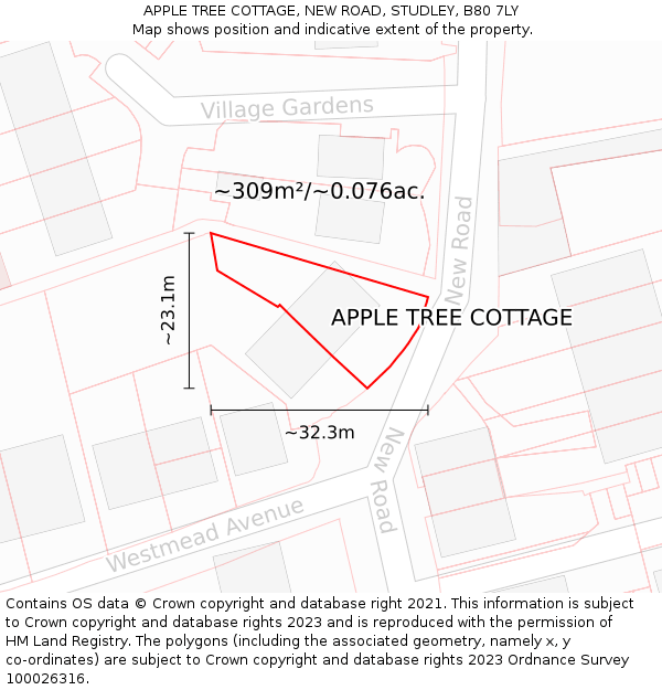 APPLE TREE COTTAGE, NEW ROAD, STUDLEY, B80 7LY: Plot and title map