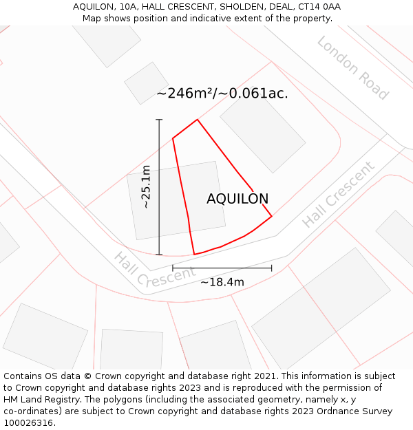 AQUILON, 10A, HALL CRESCENT, SHOLDEN, DEAL, CT14 0AA: Plot and title map