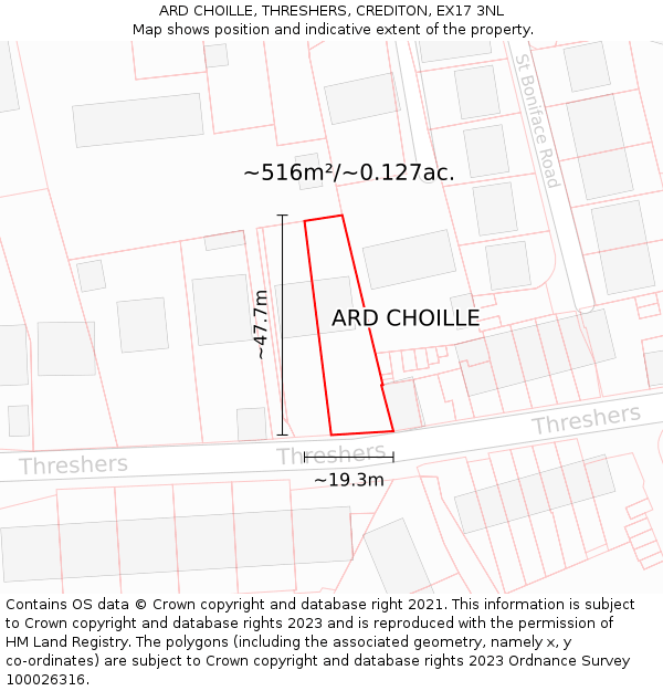 ARD CHOILLE, THRESHERS, CREDITON, EX17 3NL: Plot and title map