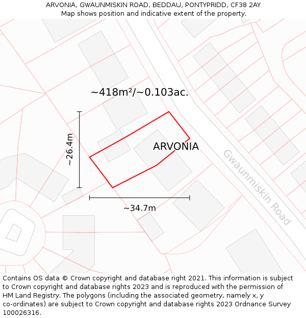 ARVONIA, GWAUNMISKIN ROAD, BEDDAU, PONTYPRIDD, CF38 2AY: Plot and title map