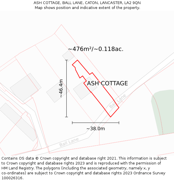 ASH COTTAGE, BALL LANE, CATON, LANCASTER, LA2 9QN: Plot and title map