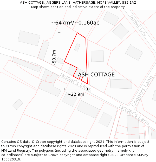 ASH COTTAGE, JAGGERS LANE, HATHERSAGE, HOPE VALLEY, S32 1AZ: Plot and title map