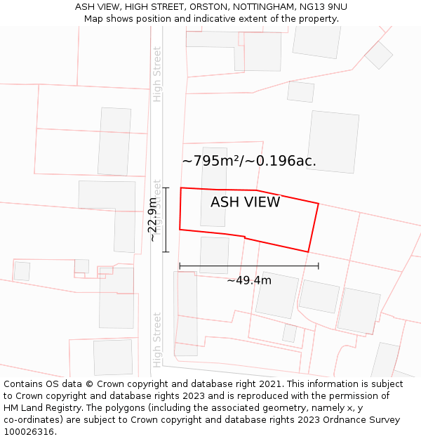 ASH VIEW, HIGH STREET, ORSTON, NOTTINGHAM, NG13 9NU: Plot and title map