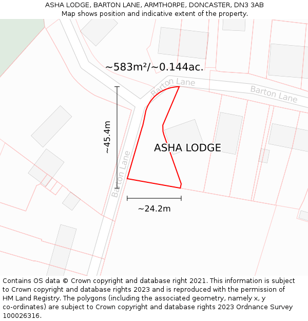 ASHA LODGE, BARTON LANE, ARMTHORPE, DONCASTER, DN3 3AB: Plot and title map