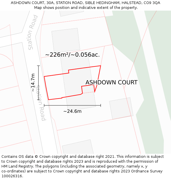 ASHDOWN COURT, 30A, STATION ROAD, SIBLE HEDINGHAM, HALSTEAD, CO9 3QA: Plot and title map