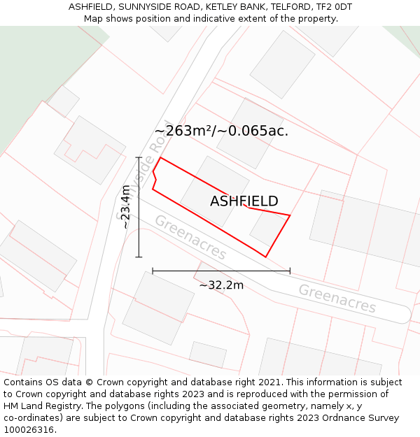 ASHFIELD, SUNNYSIDE ROAD, KETLEY BANK, TELFORD, TF2 0DT: Plot and title map