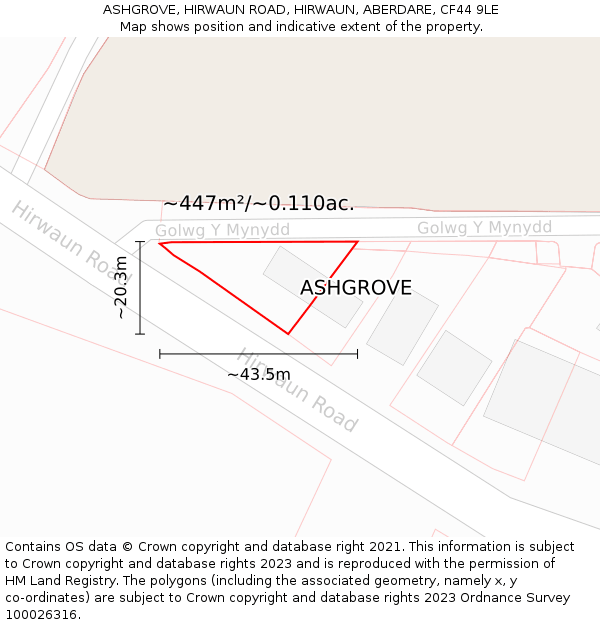 ASHGROVE, HIRWAUN ROAD, HIRWAUN, ABERDARE, CF44 9LE: Plot and title map