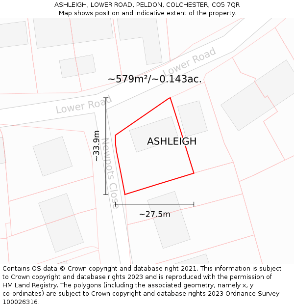 ASHLEIGH, LOWER ROAD, PELDON, COLCHESTER, CO5 7QR: Plot and title map