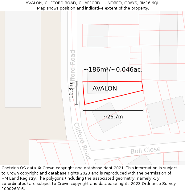 AVALON, CLIFFORD ROAD, CHAFFORD HUNDRED, GRAYS, RM16 6QL: Plot and title map