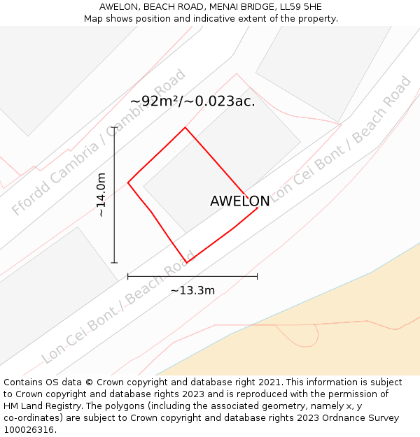 AWELON, BEACH ROAD, MENAI BRIDGE, LL59 5HE: Plot and title map