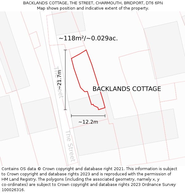 BACKLANDS COTTAGE, THE STREET, CHARMOUTH, BRIDPORT, DT6 6PN: Plot and title map