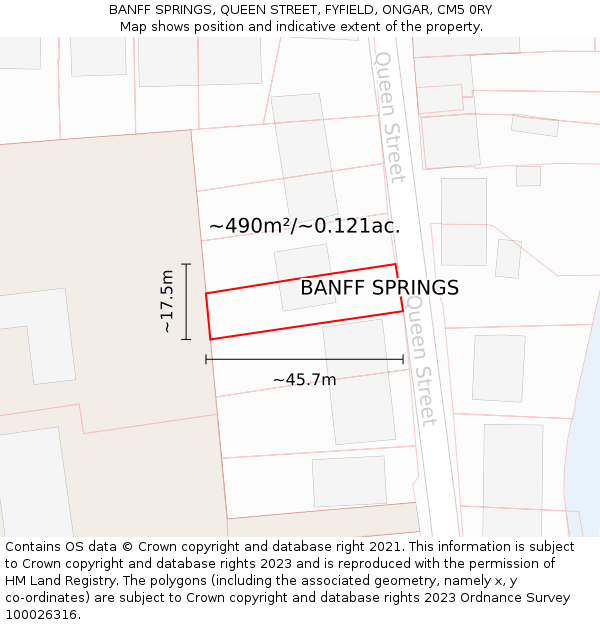 BANFF SPRINGS, QUEEN STREET, FYFIELD, ONGAR, CM5 0RY: Plot and title map