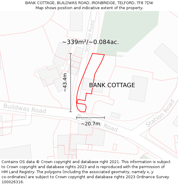 BANK COTTAGE, BUILDWAS ROAD, IRONBRIDGE, TELFORD, TF8 7DW: Plot and title map