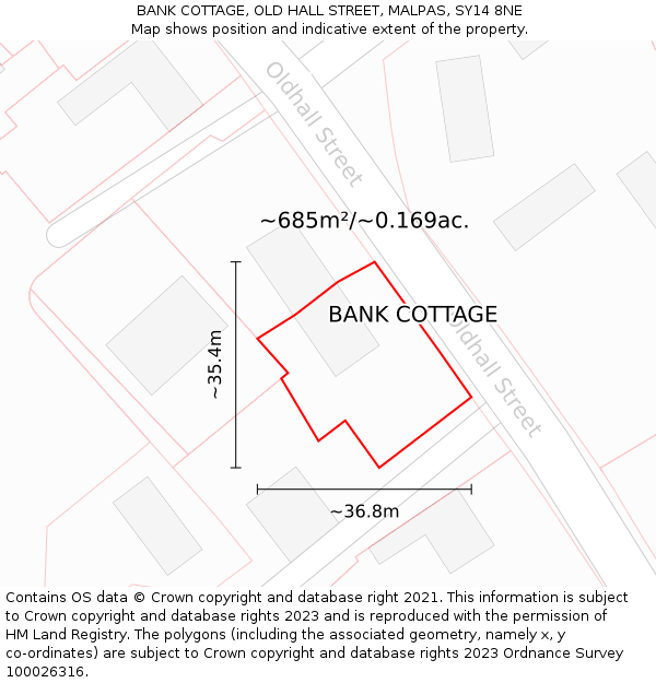 BANK COTTAGE, OLD HALL STREET, MALPAS, SY14 8NE: Plot and title map