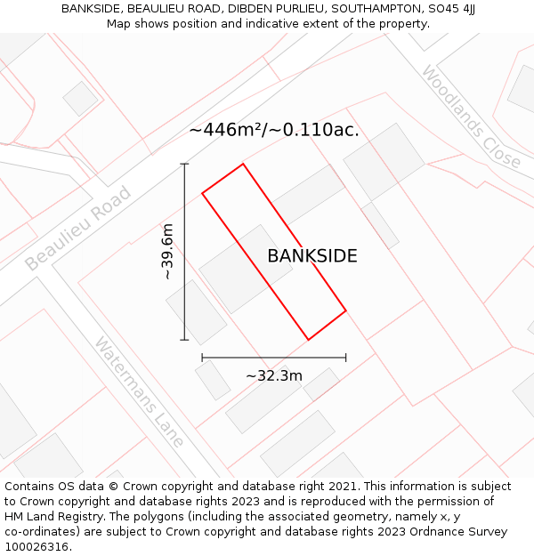BANKSIDE, BEAULIEU ROAD, DIBDEN PURLIEU, SOUTHAMPTON, SO45 4JJ: Plot and title map