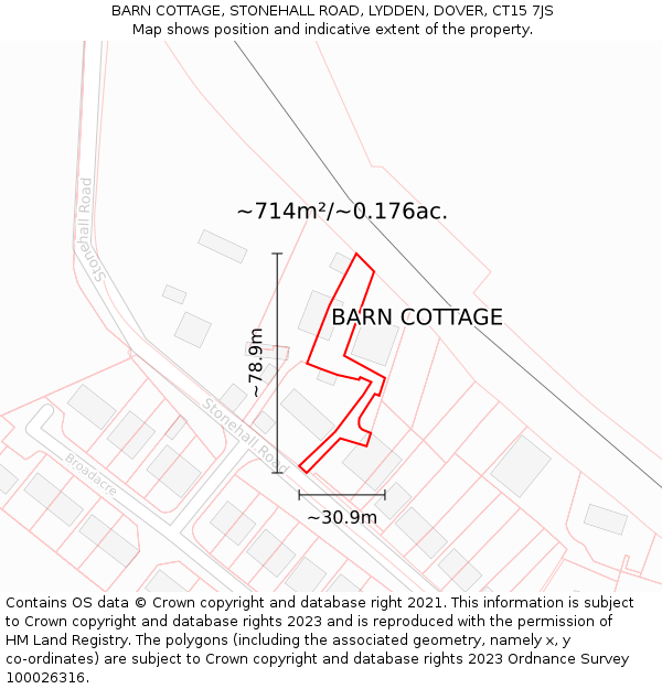 BARN COTTAGE, STONEHALL ROAD, LYDDEN, DOVER, CT15 7JS: Plot and title map