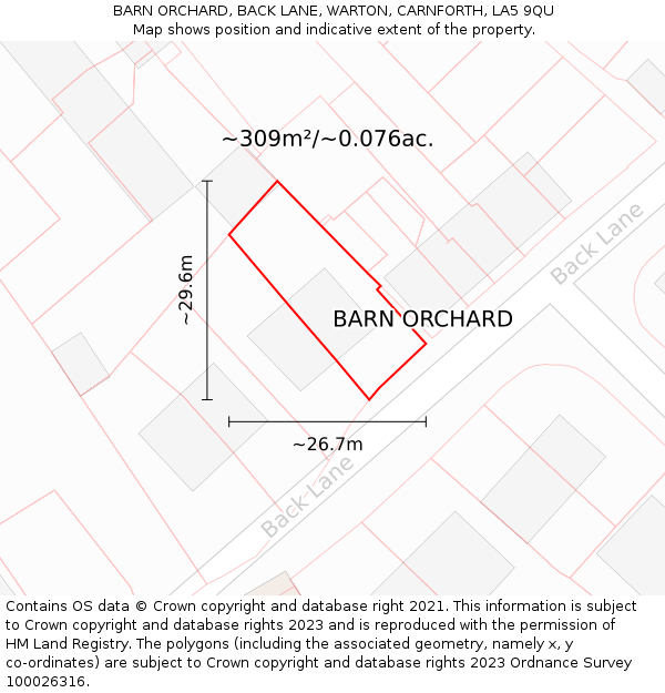 BARN ORCHARD, BACK LANE, WARTON, CARNFORTH, LA5 9QU: Plot and title map