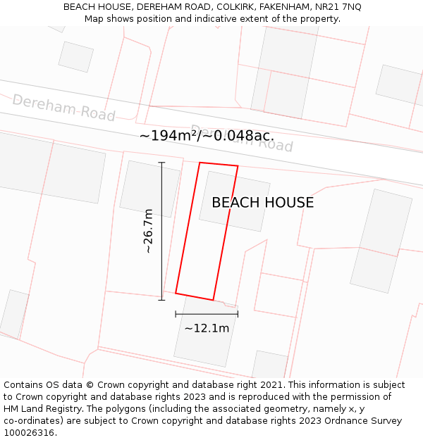 BEACH HOUSE, DEREHAM ROAD, COLKIRK, FAKENHAM, NR21 7NQ: Plot and title map