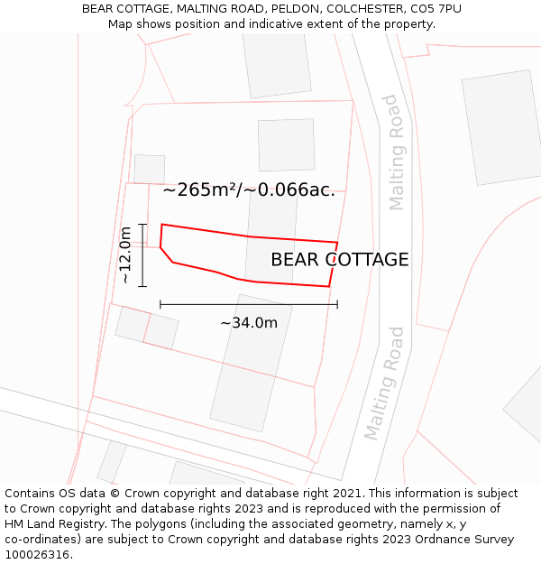 BEAR COTTAGE, MALTING ROAD, PELDON, COLCHESTER, CO5 7PU: Plot and title map