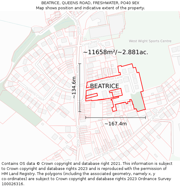 BEATRICE, QUEENS ROAD, FRESHWATER, PO40 9EX: Plot and title map