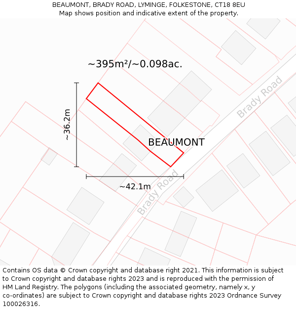 BEAUMONT, BRADY ROAD, LYMINGE, FOLKESTONE, CT18 8EU: Plot and title map