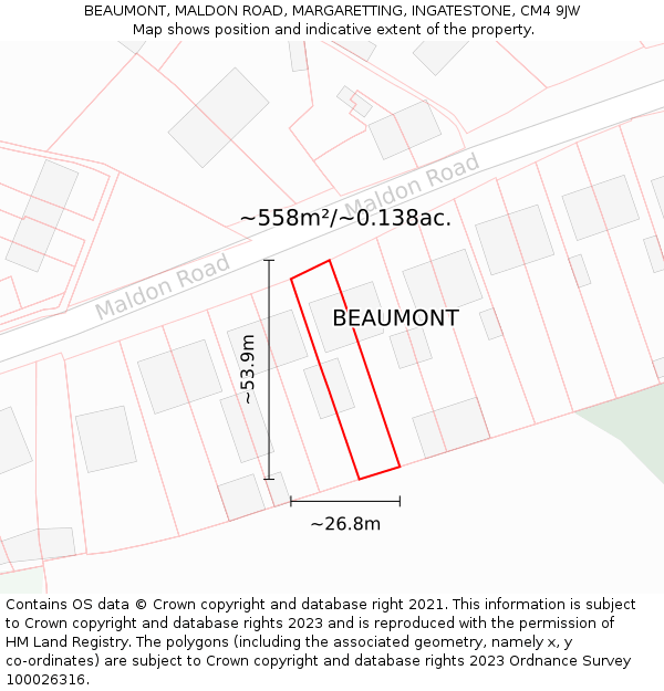 BEAUMONT, MALDON ROAD, MARGARETTING, INGATESTONE, CM4 9JW: Plot and title map