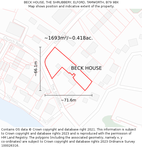 BECK HOUSE, THE SHRUBBERY, ELFORD, TAMWORTH, B79 9BX: Plot and title map