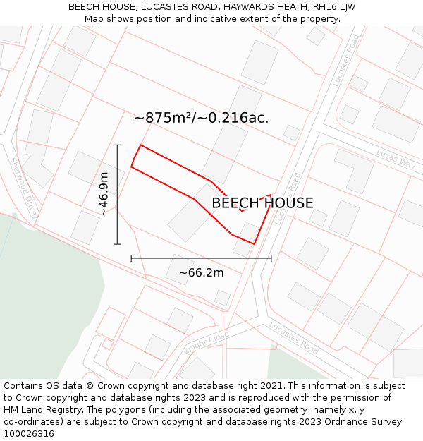 BEECH HOUSE, LUCASTES ROAD, HAYWARDS HEATH, RH16 1JW: Plot and title map