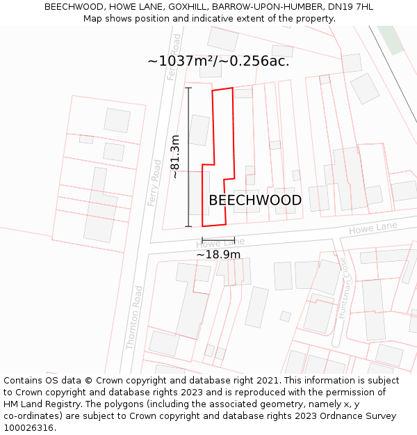 BEECHWOOD, HOWE LANE, GOXHILL, BARROW-UPON-HUMBER, DN19 7HL: Plot and title map