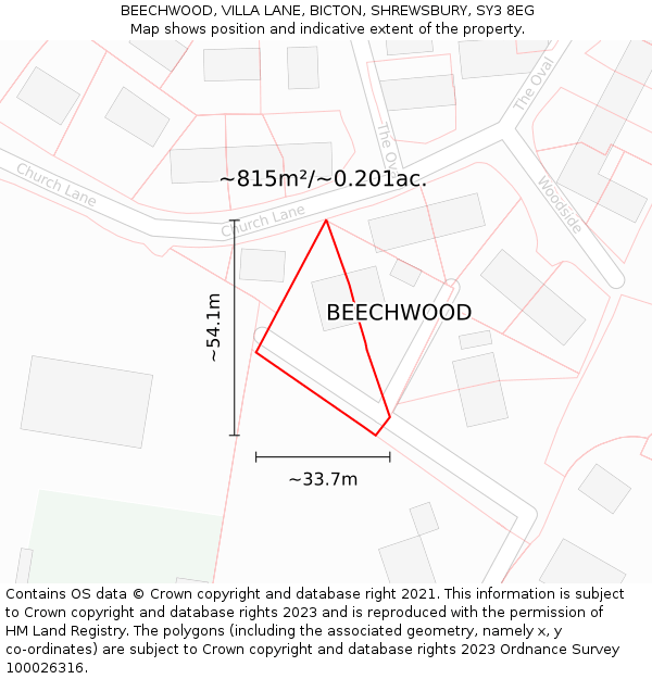 BEECHWOOD, VILLA LANE, BICTON, SHREWSBURY, SY3 8EG: Plot and title map