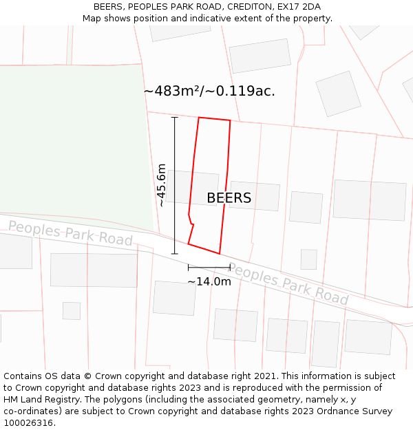 BEERS, PEOPLES PARK ROAD, CREDITON, EX17 2DA: Plot and title map