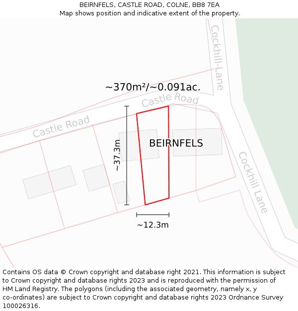 BEIRNFELS, CASTLE ROAD, COLNE, BB8 7EA: Plot and title map