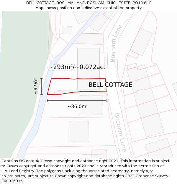 BELL COTTAGE, BOSHAM LANE, BOSHAM, CHICHESTER, PO18 8HP: Plot and title map