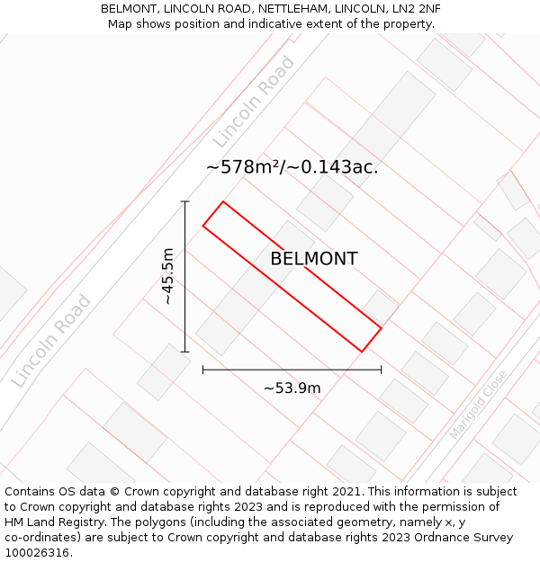 BELMONT, LINCOLN ROAD, NETTLEHAM, LINCOLN, LN2 2NF: Plot and title map