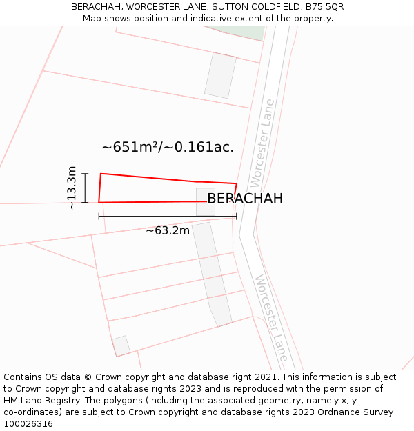 BERACHAH, WORCESTER LANE, SUTTON COLDFIELD, B75 5QR: Plot and title map