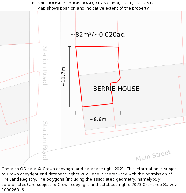 BERRIE HOUSE, STATION ROAD, KEYINGHAM, HULL, HU12 9TU: Plot and title map