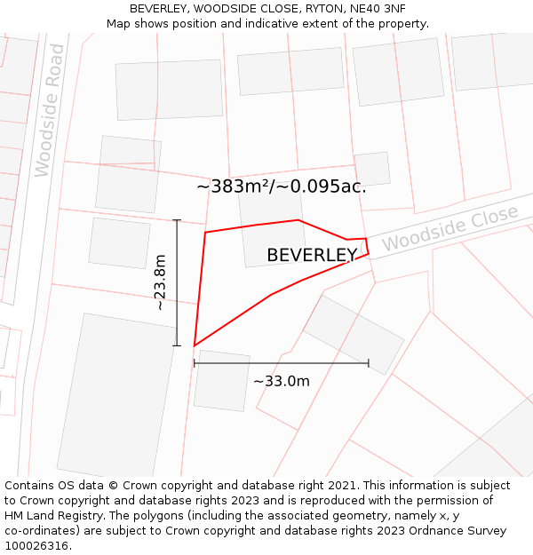 BEVERLEY, WOODSIDE CLOSE, RYTON, NE40 3NF: Plot and title map