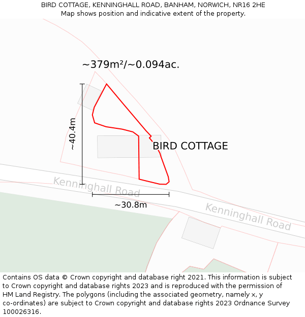 BIRD COTTAGE, KENNINGHALL ROAD, BANHAM, NORWICH, NR16 2HE: Plot and title map