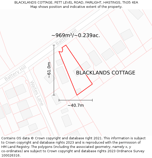 BLACKLANDS COTTAGE, PETT LEVEL ROAD, FAIRLIGHT, HASTINGS, TN35 4EA: Plot and title map