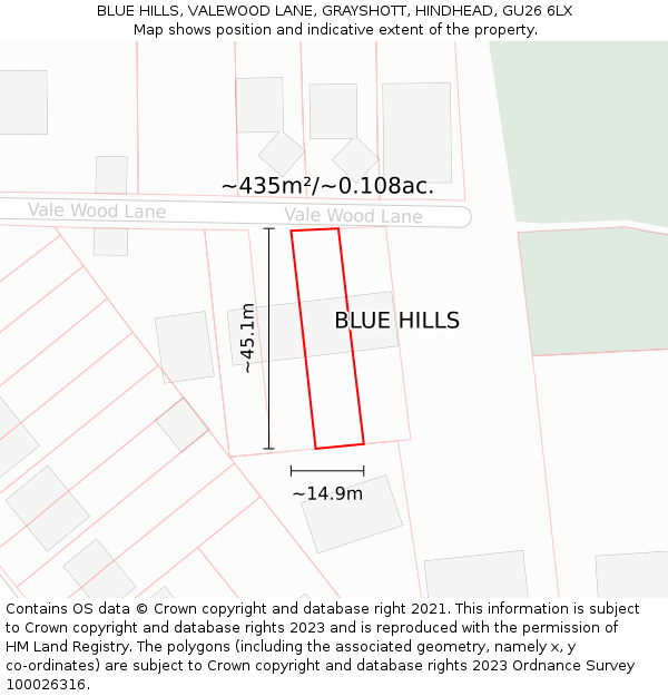 BLUE HILLS, VALEWOOD LANE, GRAYSHOTT, HINDHEAD, GU26 6LX: Plot and title map