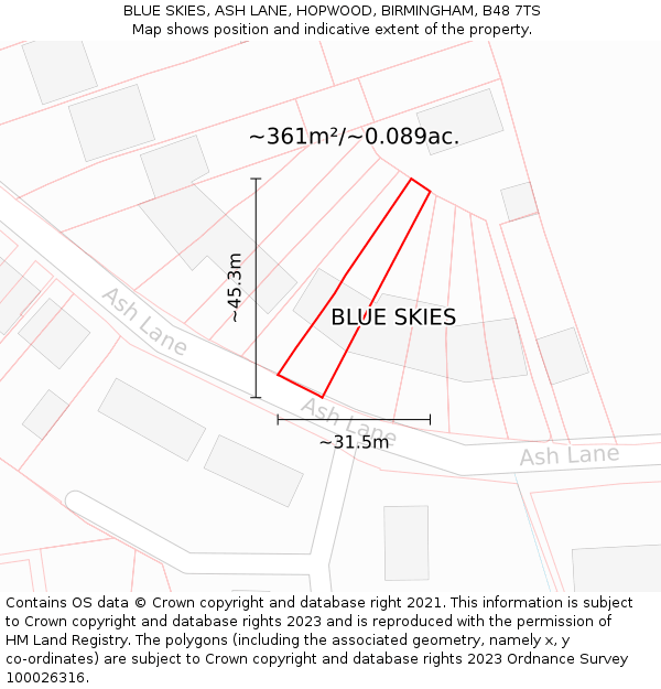 BLUE SKIES, ASH LANE, HOPWOOD, BIRMINGHAM, B48 7TS: Plot and title map