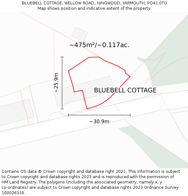 BLUEBELL COTTAGE, WELLOW ROAD, NINGWOOD, YARMOUTH, PO41 0TG: Plot and title map