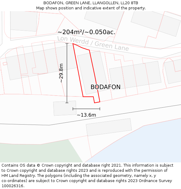 BODAFON, GREEN LANE, LLANGOLLEN, LL20 8TB: Plot and title map