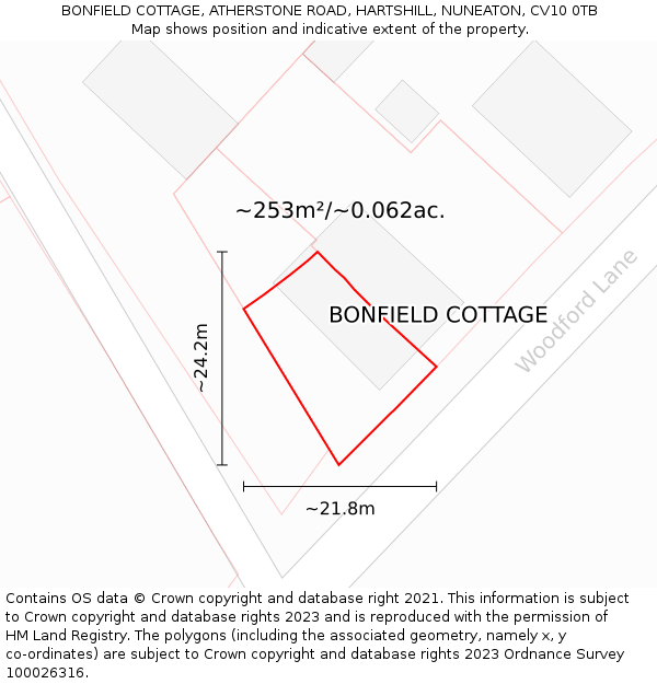 BONFIELD COTTAGE, ATHERSTONE ROAD, HARTSHILL, NUNEATON, CV10 0TB: Plot and title map