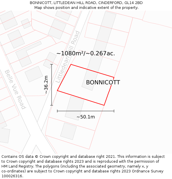 BONNICOTT, LITTLEDEAN HILL ROAD, CINDERFORD, GL14 2BD: Plot and title map