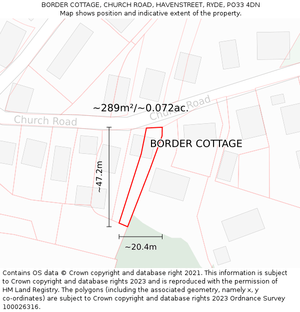 BORDER COTTAGE, CHURCH ROAD, HAVENSTREET, RYDE, PO33 4DN: Plot and title map