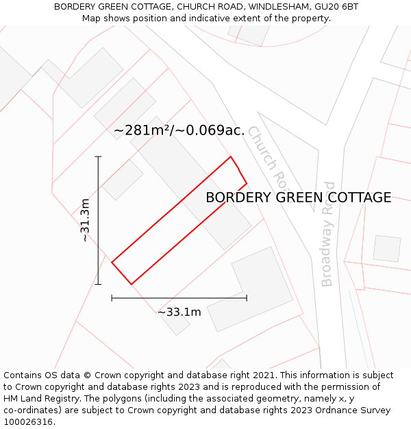 BORDERY GREEN COTTAGE, CHURCH ROAD, WINDLESHAM, GU20 6BT: Plot and title map