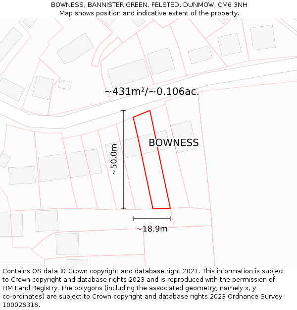 BOWNESS, BANNISTER GREEN, FELSTED, DUNMOW, CM6 3NH: Plot and title map