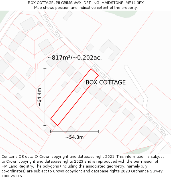 BOX COTTAGE, PILGRIMS WAY, DETLING, MAIDSTONE, ME14 3EX: Plot and title map